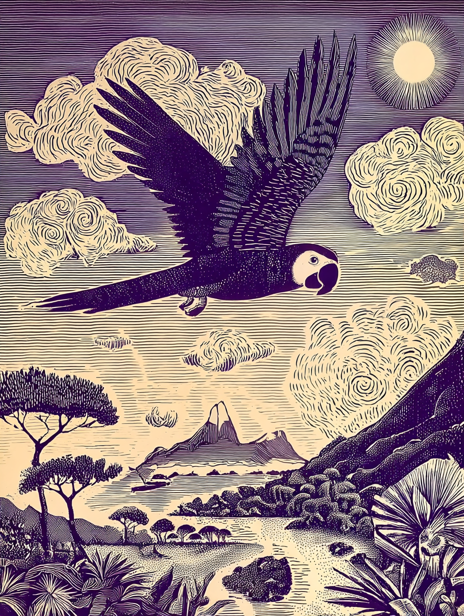 Illustration of a parrot flying over a landscape with trees, mountains, and clouds.