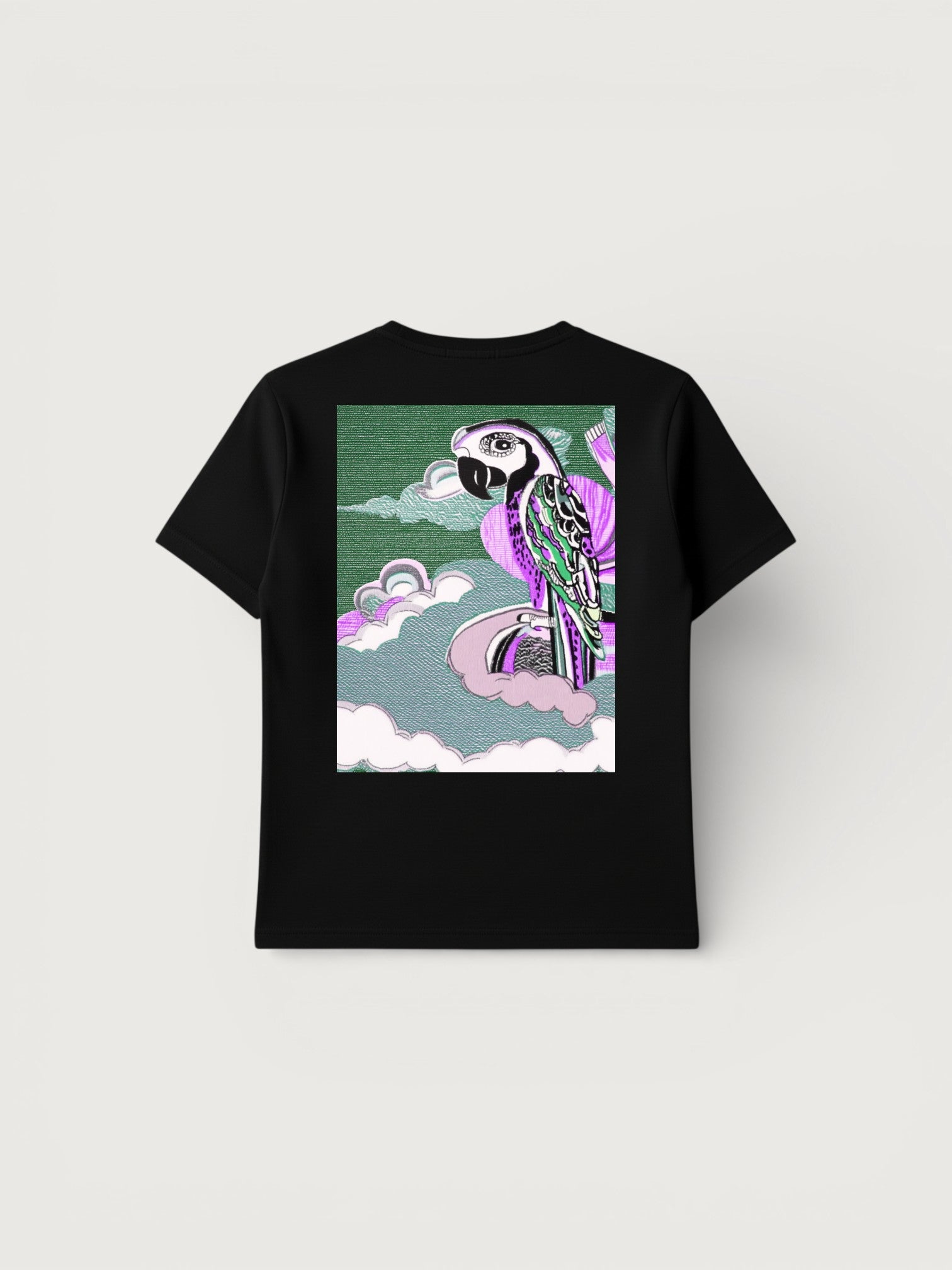 Black T-shirt with Colourful Parrot print